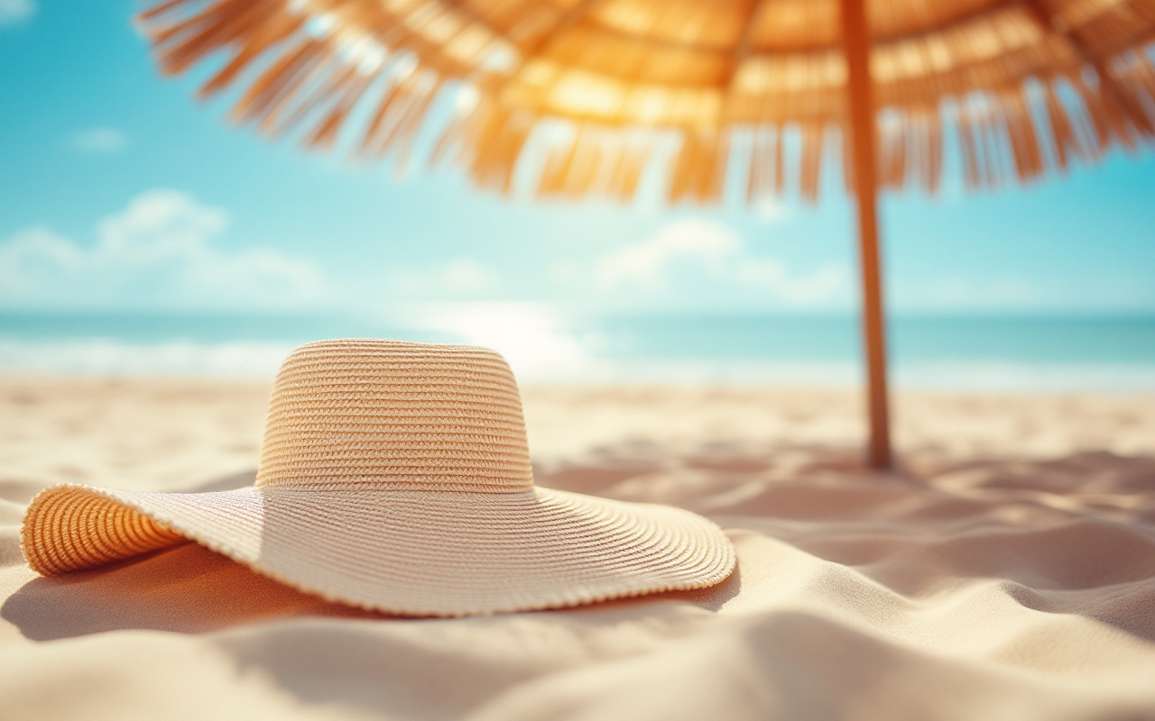 un-chapeau-dete-elegant-pose-sur-un-parasol-de-plage-avec-un-decor-de-sable-fin-et-un-ciel-degage