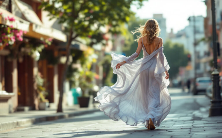 une-femme-habillee-dune-robe-longue-et-fluide-marche-gracieusement-dans-la-rue-entouree-de-paysages-urbains-baignee-par-une-douce-lumiere-du-soleil