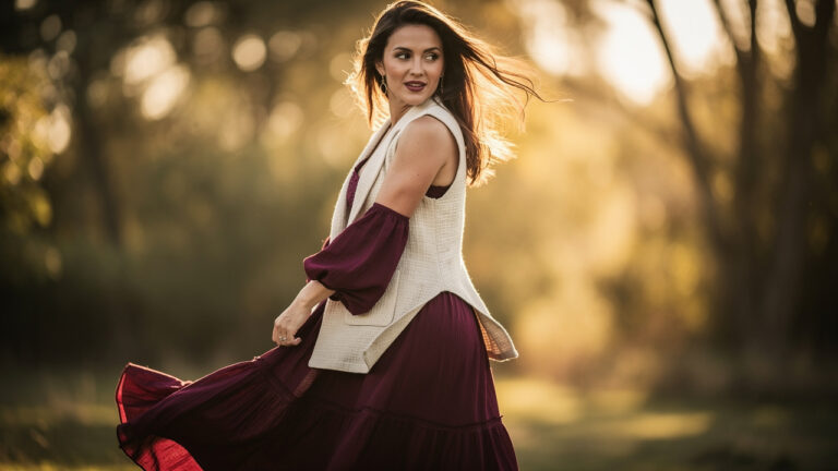 Une femme porte un gilet sans manches crème sur une robe bohème fluide bordeaux, éclairée par la lumière naturelle, avec le tissu légèrement soulevé par le vent.
