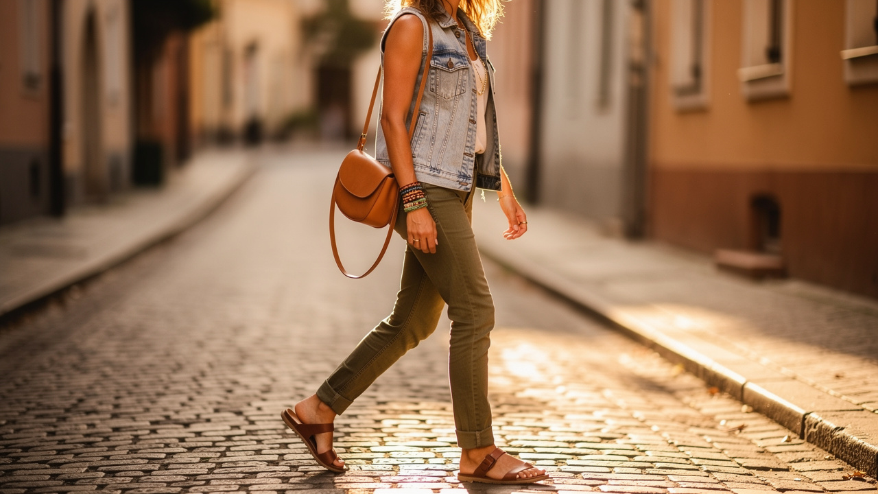 Silhouette de mi-saison portant un gilet en denim sans manches, un jean olive, des sandales en cuir, avec accessoires bohèmes chic, lumière dorée et style photo documentaire.