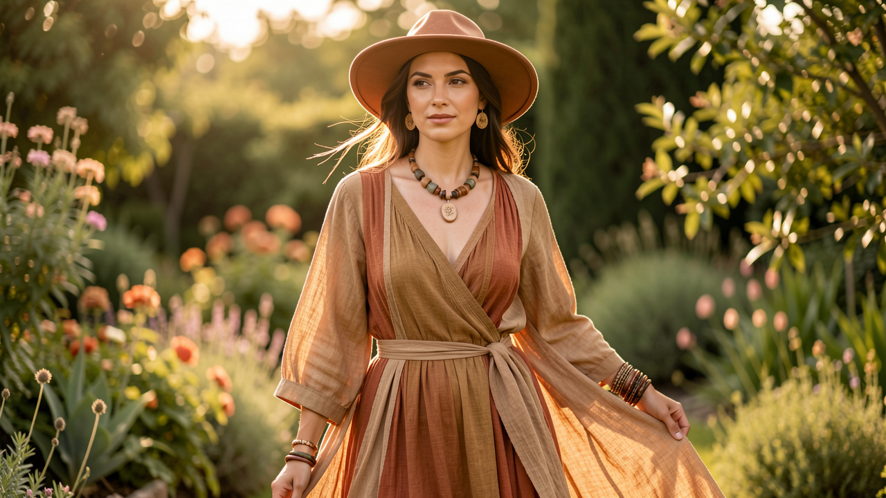 Femme au style bohème moderne, portant des vêtements fluides aux tons chauds et des accessoires naturels, dans un jardin éclairé par une lumière dorée.