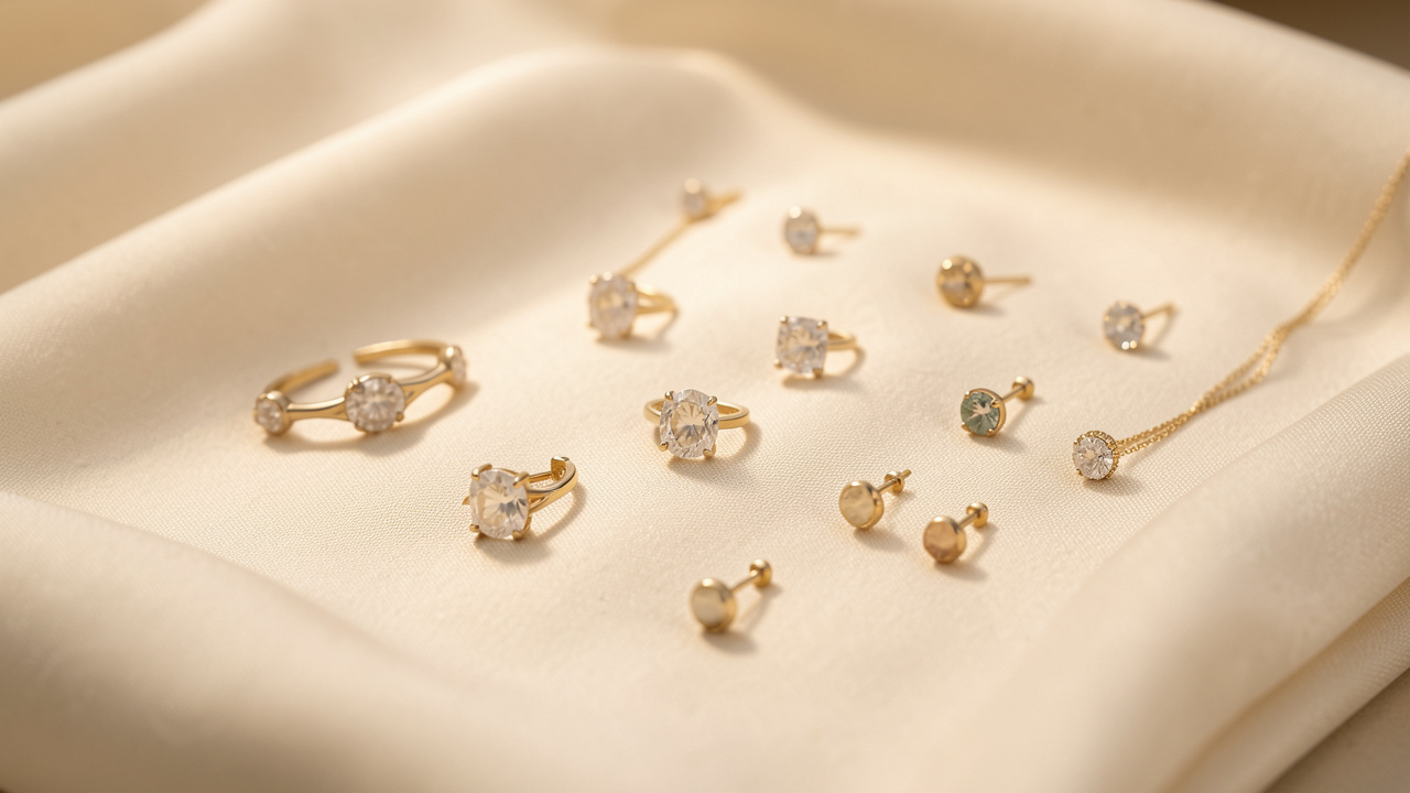 Écrin raffiné présentant plusieurs bijoux délicats disposés sur un tissu clair, dans une ambiance lumineuse et élégante.