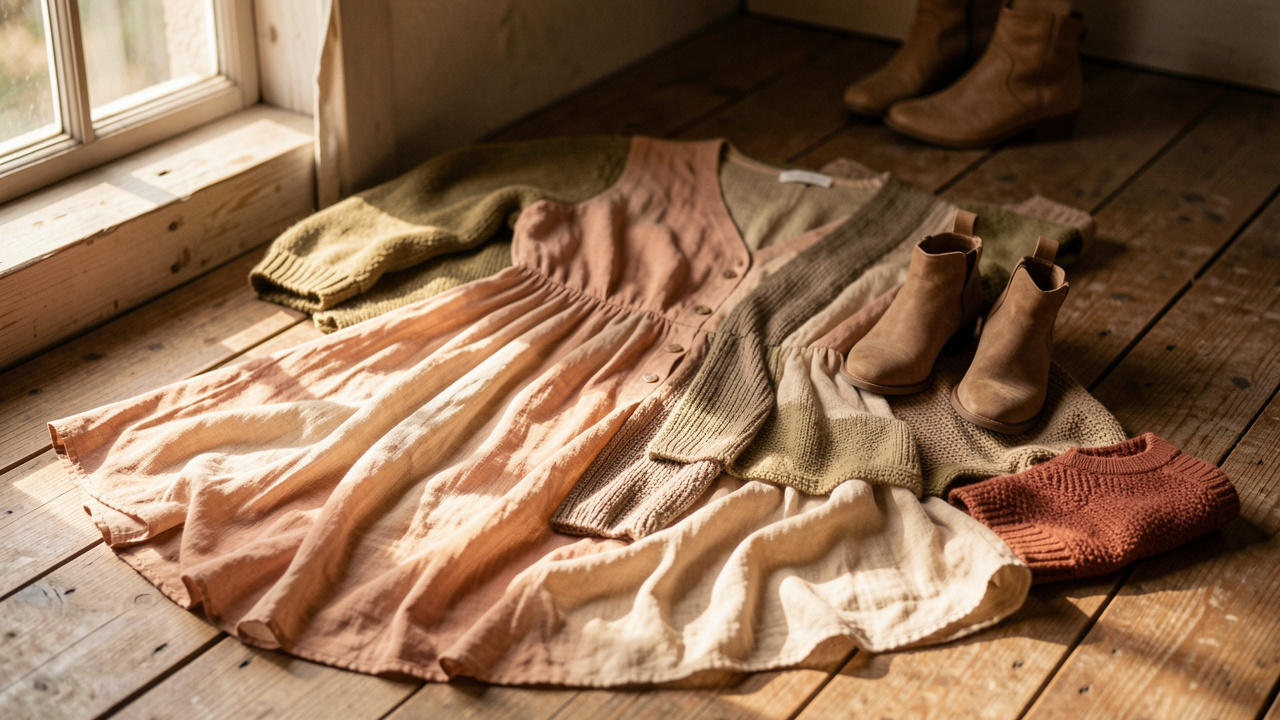 Tenue bohème chic féminine avec robe fluide, maille légère et bottines, dans une ambiance lumineuse aux tons naturels beige et terracotta sur un sol en bois.