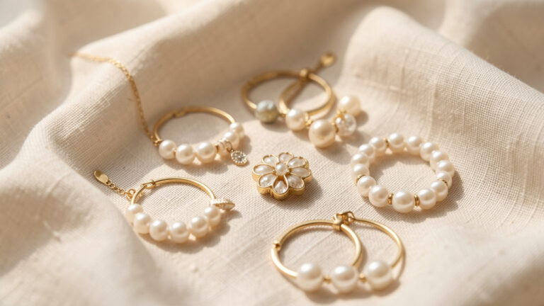 Sélection élégante de bijoux symboliques disposés sur un tissu clair texturé, ambiance raffinée de cérémonie familiale avec une lumière naturelle douce.