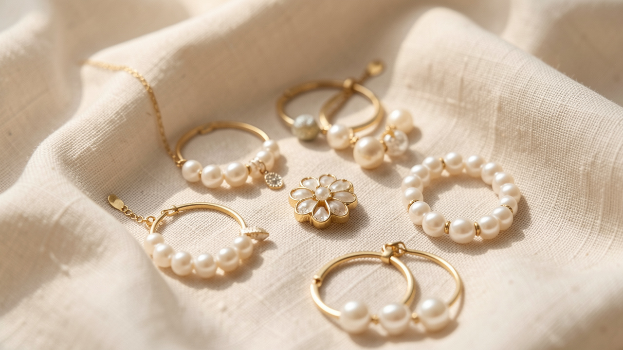Sélection élégante de bijoux symboliques disposés sur un tissu clair texturé, ambiance raffinée de cérémonie familiale avec une lumière naturelle douce.