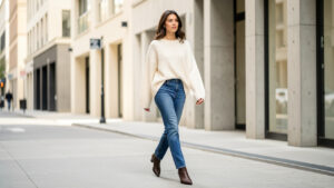 Femme élégante portant un pull écru à manches extra-longues, un jean droit taille haute et des bottines pointues dans une rue moderne, photographiée à la lumière naturelle.
