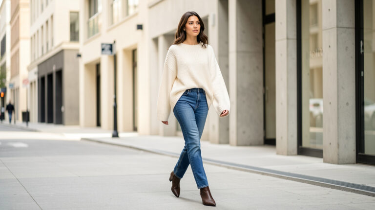 Femme élégante portant un pull écru à manches extra-longues, un jean droit taille haute et des bottines pointues dans une rue moderne, photographiée à la lumière naturelle.