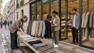Boutique de vêtements française à la vitrine élégante, avec une équipe préparant l’ouverture dans une rue urbaine calme après une manifestation.