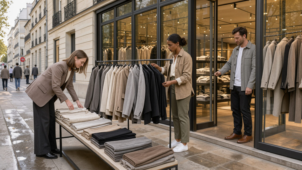 Boutique de vêtements française à la vitrine élégante, avec une équipe préparant l’ouverture dans une rue urbaine calme après une manifestation.