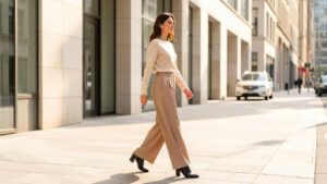 Femme élégante portant un pantalon ample beige à pinces et des bottines noires à talon bloc dans une rue urbaine lumineuse.