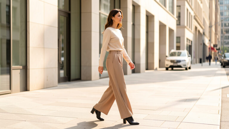 Femme élégante portant un pantalon ample beige à pinces et des bottines noires à talon bloc dans une rue urbaine lumineuse.