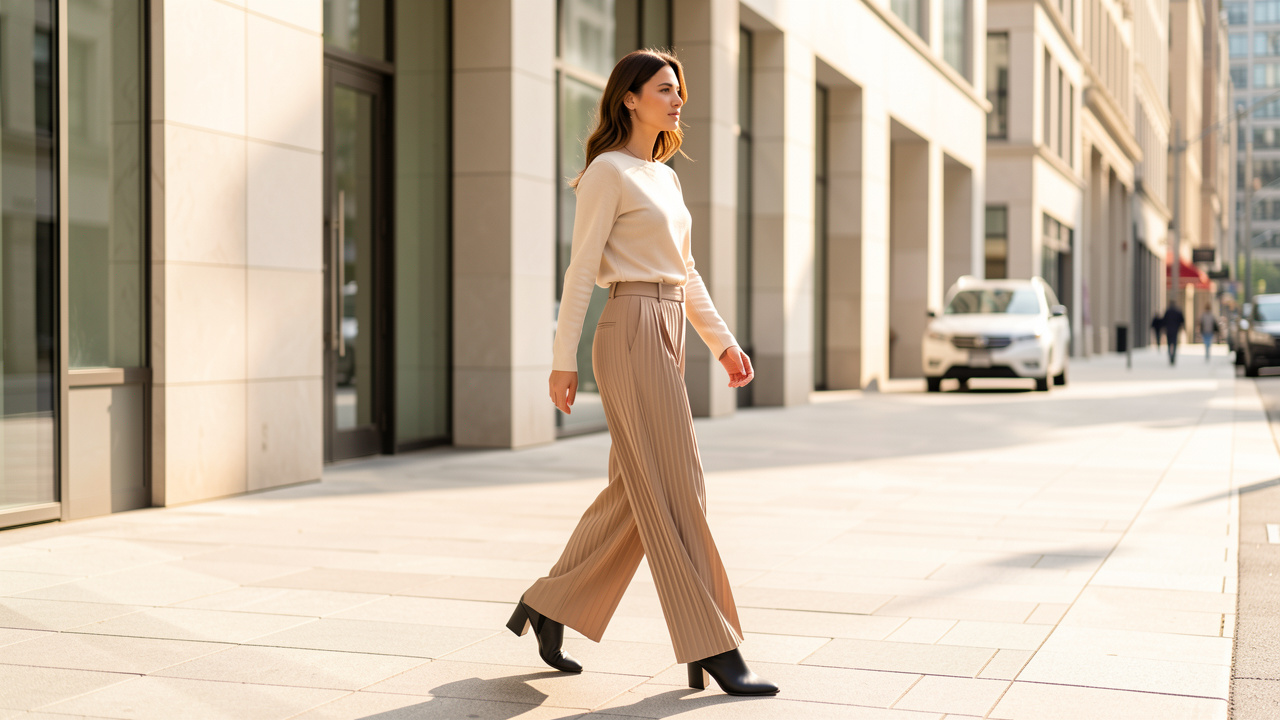 Femme élégante portant un pantalon ample beige à pinces et des bottines noires à talon bloc dans une rue urbaine lumineuse.